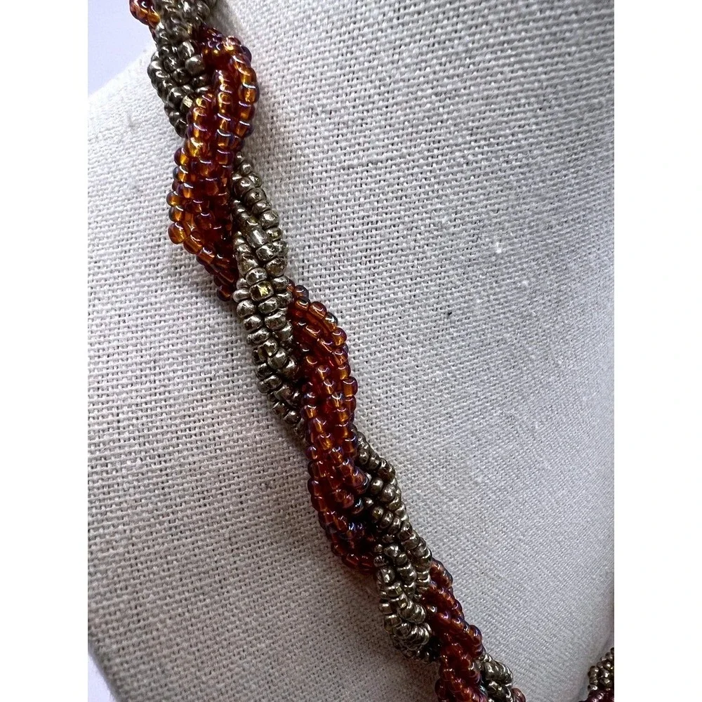 Vintage Necklace Twisted Glass Seed Bead Amber Iridescent Multi Strand Statement